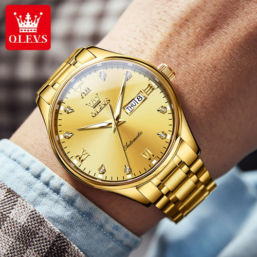 OLEVS 18K Gold Men's Automatic Mechanical Watch with Genuine Diamonds - Stainless Steel Bracelet, Business Classic Design, 50M Water Resistant, Luminous Hands​