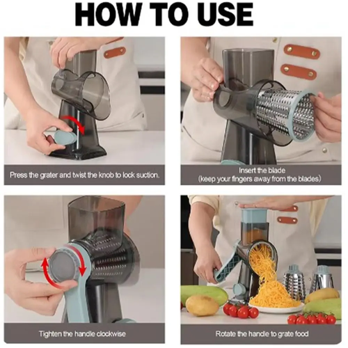 3 in 1 Rotary Cheese Vegetable Grater and Slicer BPA Free PP Container with 304 Stainless Steel Blades Perfect for Cheese Vegetables and Shaved Ice Anti Slip Base and Detachable Parts Essential Kitchen Tool