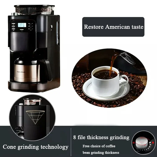 MR1028 Fully Automatic Coffee Machine 850W Conical Burr 1L Large Tank 8Cup OneTouch Brewing American Espresso Latte MultiFunction Ideal for Home