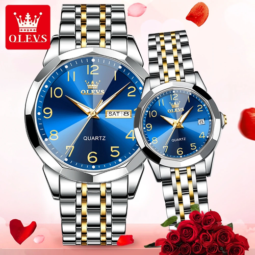 2025 New OLEVS Couple's Quartz Watches Set – Matching His & Hers with Luminous Calendar & Date, 30M Waterproof, Stainless Steel Strap, 40mm Men's & 27mm Women's Round Dial