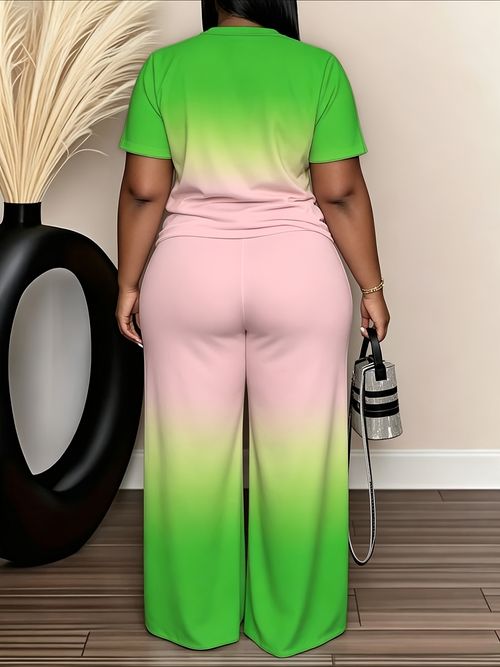 2026 Spring-Summer New Gradient Color Two-Piece Short-Sleeve Top And Wide-Leg Pants, Casual And Fashionable Outfit, Holiday Gift Four Seasons