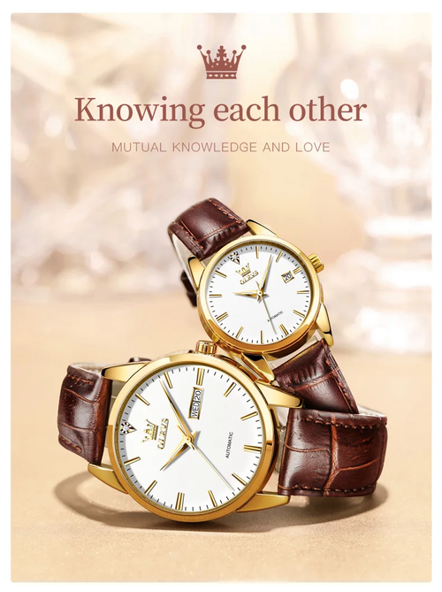 OLEVS Luxury Automatic Couple Watch Set – 40mm & 28mm Round Dial, Genuine Leather Strap, 30M Waterproof, Day-Date Display, Luminous Hands (His & Hers Matching Pair)​