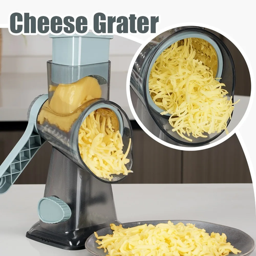 3 in 1 Rotary Cheese Vegetable Grater and Slicer BPA Free PP Container with 304 Stainless Steel Blades Perfect for Cheese Vegetables and Shaved Ice Anti Slip Base and Detachable Parts Essential Kitchen Tool