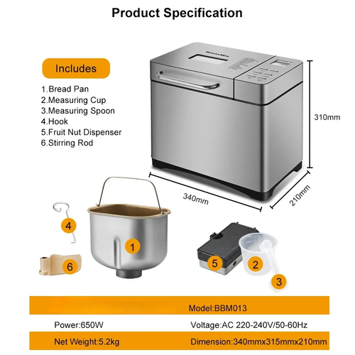 Biolomix BBM013 Automatic Bread Maker 13-16H Delay Timer 1KG Large Capacity 650W Powerful Motor Metal Body Stainless Panel Africa Baking Choice