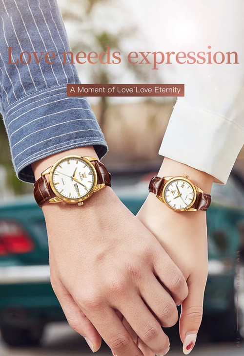OLEVS Luxury Automatic Couple Watch Set – 40mm & 28mm Round Dial, Genuine Leather Strap, 30M Waterproof, Day-Date Display, Luminous Hands (His & Hers Matching Pair)​