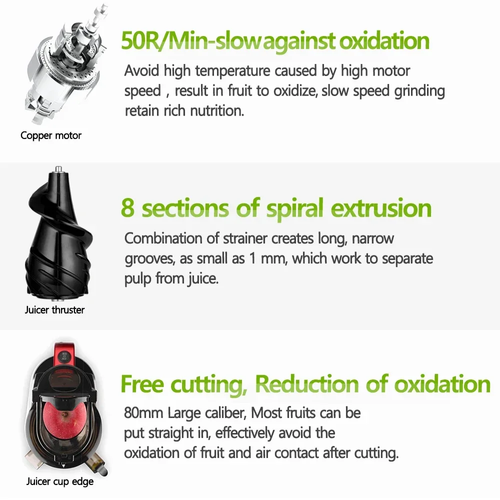 Home Electric Juicer 1000ML Large Capacity Dual Speed 50RPM and 12000RPM Pulp Separation One Touch for Juice Soy Milk Smoothie Ice Cream ABS Body 0.5L Pulp Container Max Juice Output 1501ml Low Speed Nutrient Extraction