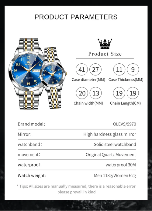 2025 New OLEVS Couple's Quartz Watches Set – Matching His & Hers with Luminous Calendar & Date, 30M Waterproof, Stainless Steel Strap, 40mm Men's & 27mm Women's Round Dial
