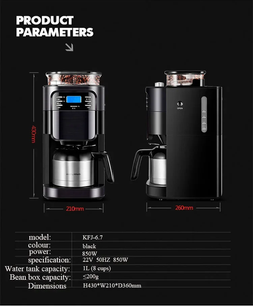 MR1028 Fully Automatic Coffee Machine 850W Conical Burr 1L Large Tank 8Cup OneTouch Brewing American Espresso Latte MultiFunction Ideal for Home