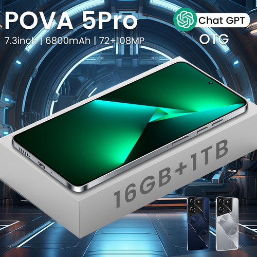 Flagship 2025 Pova 5 Pro 6.9 Extra Large Screen Smartphone with 16GB RAM and 1TB ROM featuring MediaTek Dimensity Processor 5000mAh Long Battery with 33W Fast Charging 120Hz Gaming Display running Android 13 Dual SIM support and 64MP Quad Camera