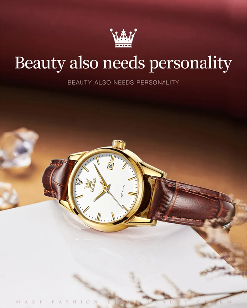 OLEVS Luxury Automatic Couple Watch Set – 40mm & 28mm Round Dial, Genuine Leather Strap, 30M Waterproof, Day-Date Display, Luminous Hands (His & Hers Matching Pair)​