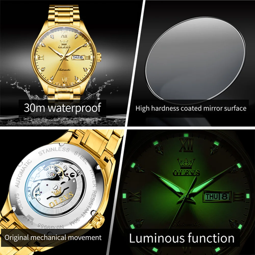 OLEVS 18K Gold Men's Automatic Mechanical Watch with Genuine Diamonds - Stainless Steel Bracelet, Business Classic Design, 50M Water Resistant, Luminous Hands​
