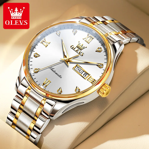 OLEVS 18K Gold Men's Automatic Mechanical Watch with Genuine Diamonds - Stainless Steel Bracelet, Business Classic Design, 50M Water Resistant, Luminous Hands​