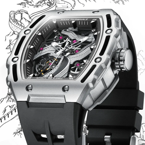 MARK FAIRWHALE Great Wall Automatic Skeleton Watch - Luminous 3D Carved Dial｜50M Water Resistance｜Men's Sports Chronograph
