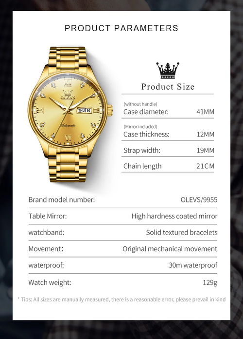 OLEVS 18K Gold Men's Automatic Mechanical Watch with Genuine Diamonds - Stainless Steel Bracelet, Business Classic Design, 50M Water Resistant, Luminous Hands​