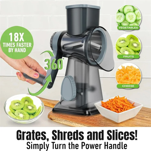 3 in 1 Rotary Cheese Vegetable Grater and Slicer BPA Free PP Container with 304 Stainless Steel Blades Perfect for Cheese Vegetables and Shaved Ice Anti Slip Base and Detachable Parts Essential Kitchen Tool