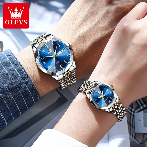 2025 New OLEVS Couple's Quartz Watches Set – Matching His & Hers with Luminous Calendar & Date, 30M Waterproof, Stainless Steel Strap, 40mm Men's & 27mm Women's Round Dial