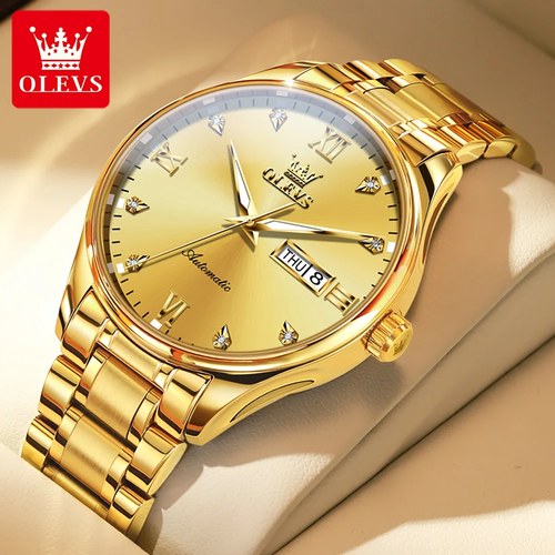 OLEVS 18K Gold Men's Automatic Mechanical Watch with Genuine Diamonds - Stainless Steel Bracelet, Business Classic Design, 50M Water Resistant, Luminous Hands​