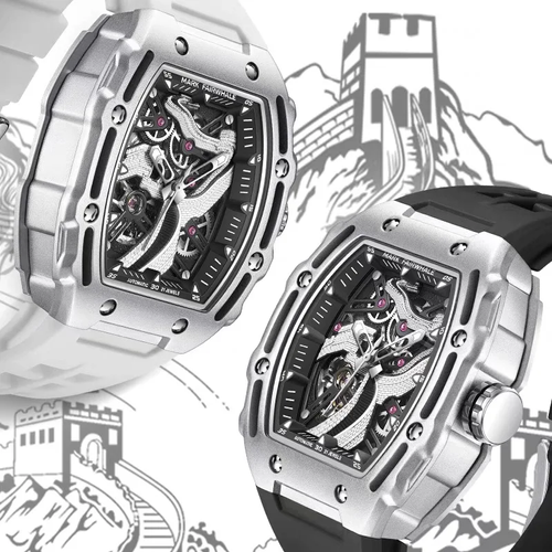 MARK FAIRWHALE Great Wall Automatic Skeleton Watch - Luminous 3D Carved Dial｜50M Water Resistance｜Men's Sports Chronograph