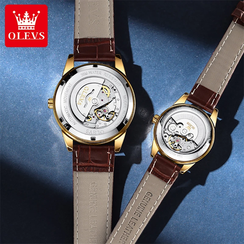 OLEVS Luxury Automatic Couple Watch Set – 40mm & 28mm Round Dial, Genuine Leather Strap, 30M Waterproof, Day-Date Display, Luminous Hands (His & Hers Matching Pair)​