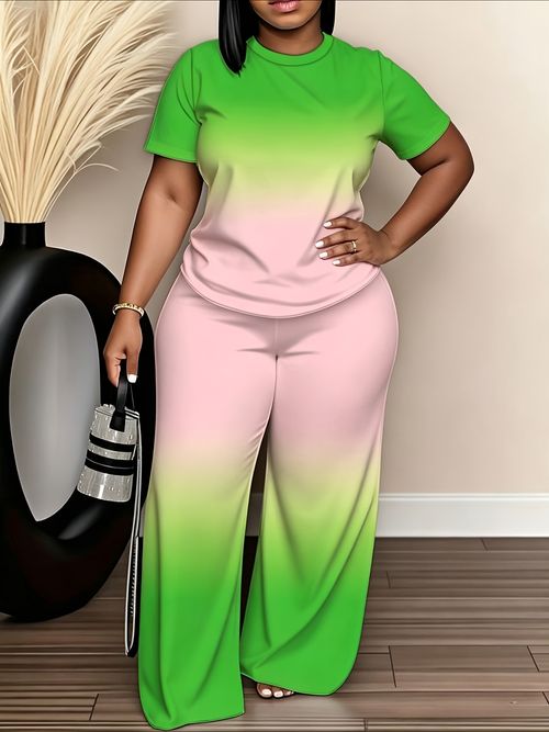 2026 Spring-Summer New Gradient Color Two-Piece Short-Sleeve Top And Wide-Leg Pants, Casual And Fashionable Outfit, Holiday Gift Four Seasons