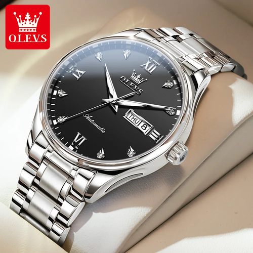 OLEVS 18K Gold Men's Automatic Mechanical Watch with Genuine Diamonds - Stainless Steel Bracelet, Business Classic Design, 50M Water Resistant, Luminous Hands​
