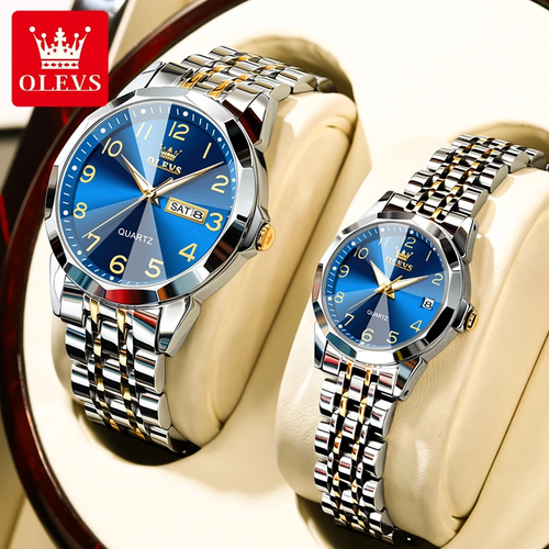 2025 New OLEVS Couple's Quartz Watches Set – Matching His & Hers with Luminous Calendar & Date, 30M Waterproof, Stainless Steel Strap, 40mm Men's & 27mm Women's Round Dial