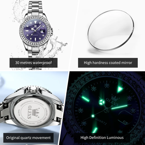 2025 New OLEVS OLEVS9945 Women's Fashion Quartz Watch - 34mm Coated Glass Dial with 30M Waterproof, Luminous Calendar Display, Original Premium Quartz Movement, 11mm Ultra-Thin Design, Flat Top Conical Crown & Single Fold Clasp