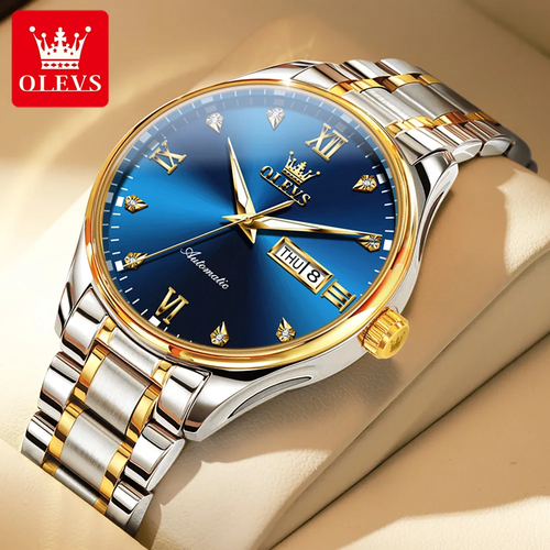 OLEVS 18K Gold Men's Automatic Mechanical Watch with Genuine Diamonds - Stainless Steel Bracelet, Business Classic Design, 50M Water Resistant, Luminous Hands​
