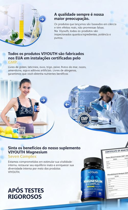 Viyouth Complexo de Magnésio 1000mg - Complexo com 10 Magnésios Elementares e Zinco para Sono Calmo e Relaxamento - Fabricado nos EUA - Suplemento Alimentar para Saúde Capilar, Desintoxicação Digestiva e Equilíbrio de Cortisol - Comprimidos Testados por Terceiros, Fitness, Glicinato de Magnésio, Vitamina