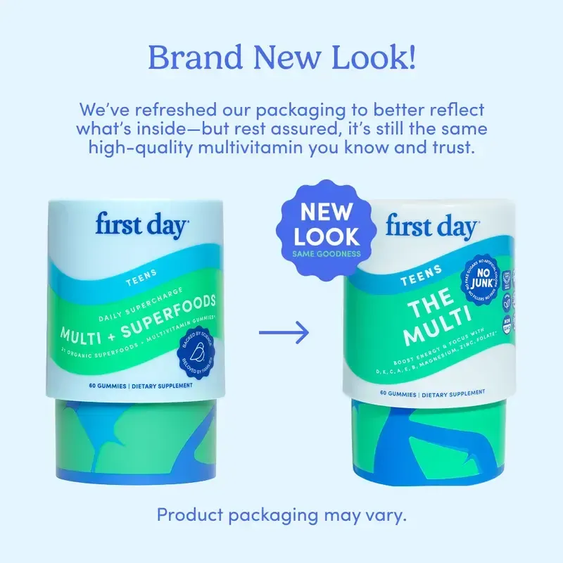 First Day Teens Age 13-17 Multivitamin Gummies - Organic Fruit & Veggie Blend + Vitamins A, B1, B2, B6, E, B12, C, D3 & K2, Zinc & Folate Teen Boy and Teen Girl Gummies Supplement - Organic Multivitamin Gummies for Teens
