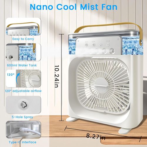 Portable Air Conditioner Fan, Mini Evaporative Air Cooler with 5 Spray Nozzles,3 Wind Speeds,3 Timers, 7 Colors LED Light,600ML Personal AC Unit Fan for Bedroom Office Camping（White）