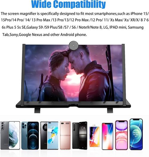 12 Screen Magnifier,3D HD Mobile Phone Magnifier Projector Screen Enlarger for Movies, Videos, and Gaming,Foldable Cell Phone Stand with Screen Amplifier,Supports All Smartphones (Black, 12 inches)