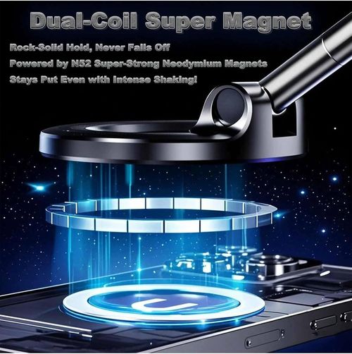 Magnetic Car Phone Mount (Vacuum Suction Base) — 55N Strong Magnetic Hold, 360° Free Rotation, and Foldable, Portable Design. Suitable for dashboards, windshields, office desks, and various smooth surfaces. An ideal companion for makeup application, workouts, and use in front of a mirror. Compatible with all iPhone models. (Black)