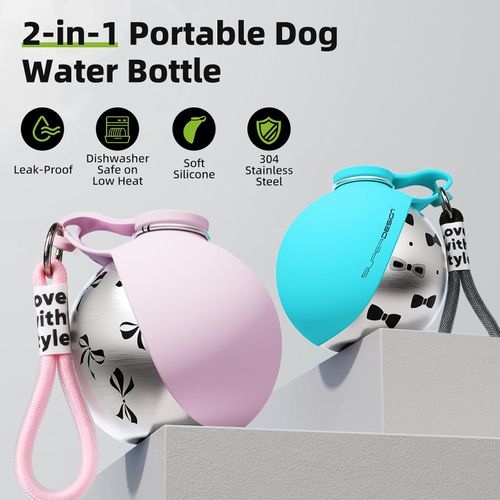 2-in-1 Portable Dog Water Bottle for Small Dogs - Leak-Proof & Compact Dog Travel Water Bottle -Stainless Steel Bottle & Silicone Bowl - Ideal for Walking, Hiking & Travels