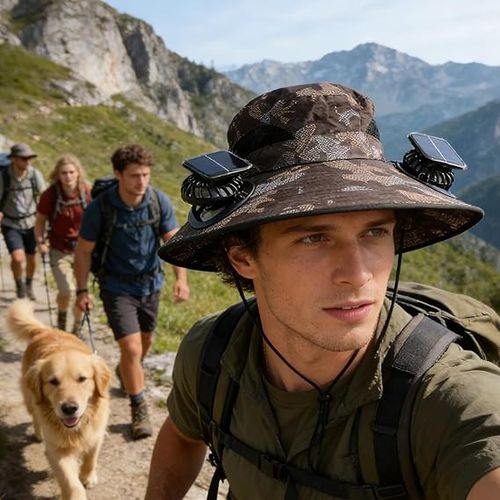 Unisex Fisherman Hat with Built-in Fan — Ideal for Camping, Hiking, Beach Trips, Gardening, and Outdoor Activities 2-in-1 Wide-Brim Sun Hat with Integrated Solar-Powered FanStyle Square Solar Camouflage (Dark Gray)
