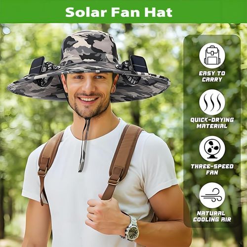 Unisex Fisherman Hat with Built-in Fan — Ideal for Camping, Hiking, Beach Trips, Gardening, and Outdoor Activities 2-in-1 Wide-Brim Sun Hat with Integrated Solar-Powered FanStyle Square Solar Camouflage (Dark Gray)