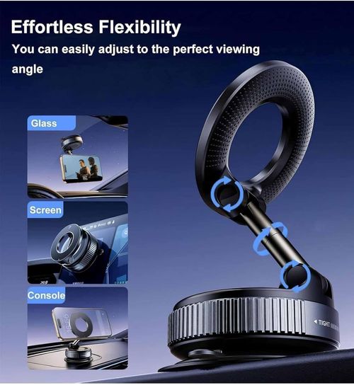 Magnetic Car Phone Mount (Vacuum Suction Base) — 55N Strong Magnetic Hold, 360° Free Rotation, and Foldable, Portable Design. Suitable for dashboards, windshields, office desks, and various smooth surfaces. An ideal companion for makeup application, workouts, and use in front of a mirror. Compatible with all iPhone models. (Black)