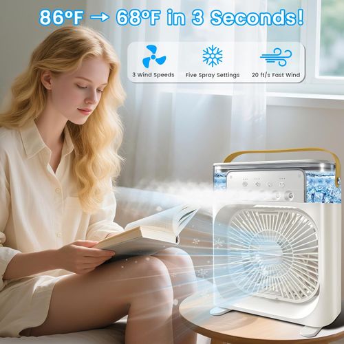 Portable Air Conditioner Fan, Mini Evaporative Air Cooler with 5 Spray Nozzles,3 Wind Speeds,3 Timers, 7 Colors LED Light,600ML Personal AC Unit Fan for Bedroom Office Camping（White）