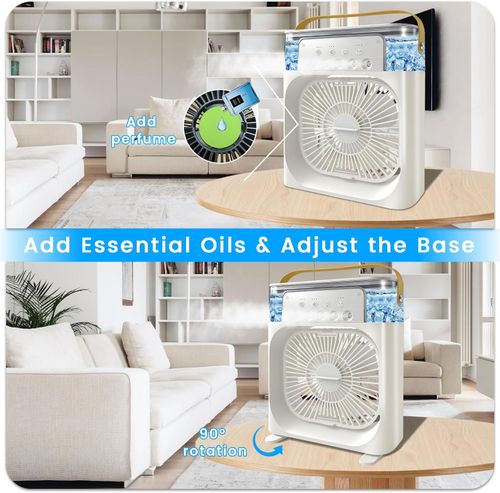 Portable Air Conditioner Fan, Mini Evaporative Air Cooler with 5 Spray Nozzles,3 Wind Speeds,3 Timers, 7 Colors LED Light,600ML Personal AC Unit Fan for Bedroom Office Camping（White）
