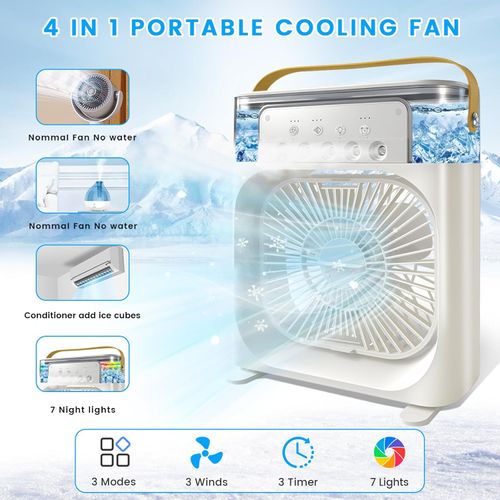 Portable Air Conditioner Fan, Mini Evaporative Air Cooler with 5 Spray Nozzles,3 Wind Speeds,3 Timers, 7 Colors LED Light,600ML Personal AC Unit Fan for Bedroom Office Camping（White）