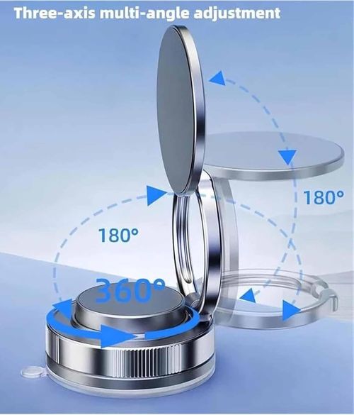 Magnetic Car Phone Mount (Vacuum Suction Base) — 55N Strong Magnetic Hold, 360° Free Rotation, and Foldable, Portable Design. Suitable for dashboards, windshields, office desks, and various smooth surfaces. An ideal companion for makeup application, workouts, and use in front of a mirror. Compatible with all iPhone models. (Black)