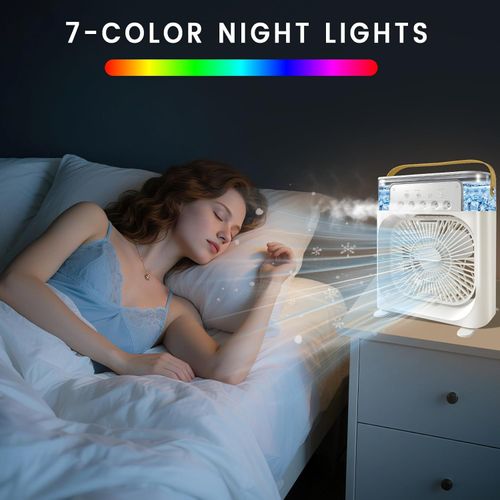 Portable Air Conditioner Fan, Mini Evaporative Air Cooler with 5 Spray Nozzles,3 Wind Speeds,3 Timers, 7 Colors LED Light,600ML Personal AC Unit Fan for Bedroom Office Camping（White）