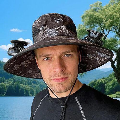 Unisex Bucket Hat with Built-in Fan — Ideal for Camping, Hiking, Beach Vacations, Gardening, and All Outdoor Activities | 2-in-1 Wide-Brim Sun Hat (Integrated Solar-Powered Fan) | Style: Square Solar Camouflage （Dark brown））