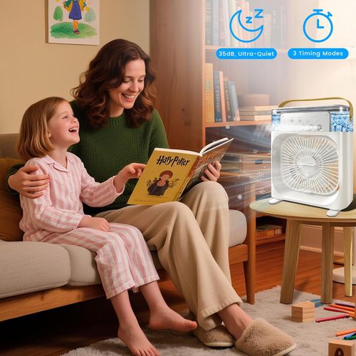 Portable Air Conditioner Fan, Mini Evaporative Air Cooler with 5 Spray Nozzles,3 Wind Speeds,3 Timers, 7 Colors LED Light,600ML Personal AC Unit Fan for Bedroom Office Camping（White）