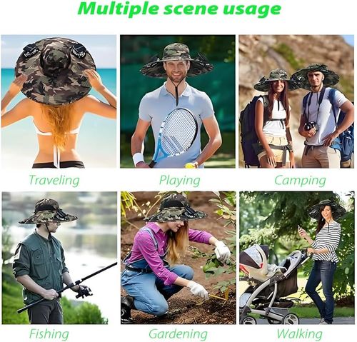 Unisex Fisherman Hat with Built-in Fan — Ideal for Camping, Hiking, Beach Trips, Gardening, and Outdoor Activities 2-in-1 Wide-Brim Sun Hat with Integrated Solar-Powered FanStyle Square Solar Camouflage (Dark Gray)