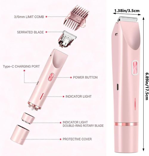 Bikini Trimmer — 2-in-1 Dual-Head Electric Hair Remover for Women (Also Suitable for Men)IPX67 Full-Body Waterproof (Wet & Dry Use Supported) Designed for Intimate Areas, Underarms, Legs, Arms, and Face (Pink)