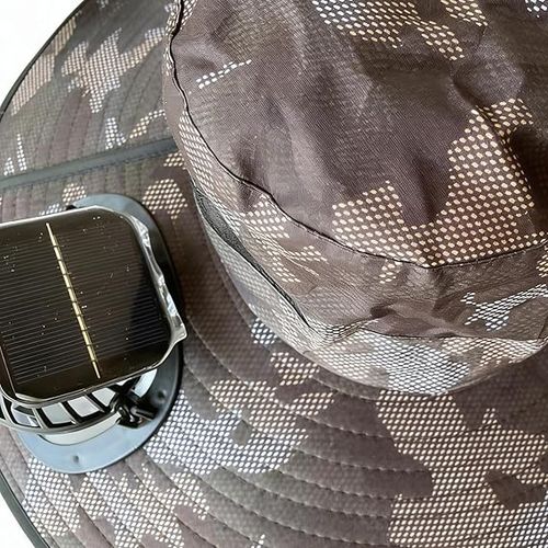 Unisex Bucket Hat with Built-in Fan — Ideal for Camping, Hiking, Beach Vacations, Gardening, and All Outdoor Activities | 2-in-1 Wide-Brim Sun Hat (Integrated Solar-Powered Fan) | Style: Square Solar Camouflage （Dark brown））