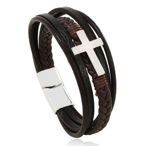 Men's Minimalist Stainless Steel Multi-layer Leather Cord Braided Bracelet - Versatile Leather Wristband