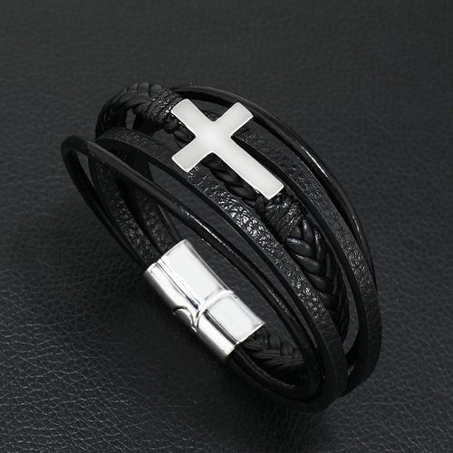 Men's Minimalist Stainless Steel Multi-layer Leather Cord Braided Bracelet - Versatile Leather Wristband