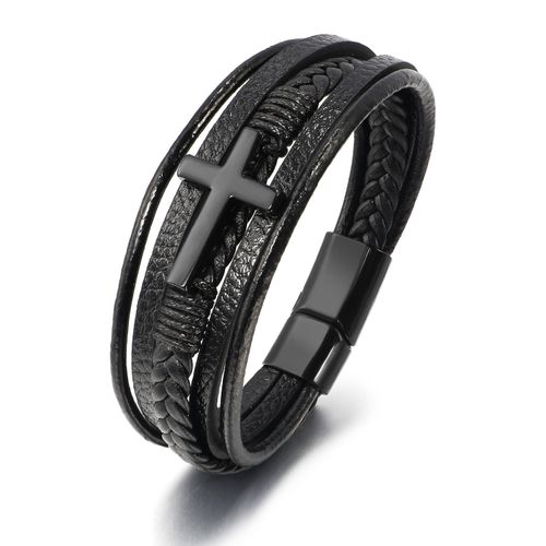 Men's Minimalist Stainless Steel Multi-layer Leather Cord Braided Bracelet - Versatile Leather Wristband